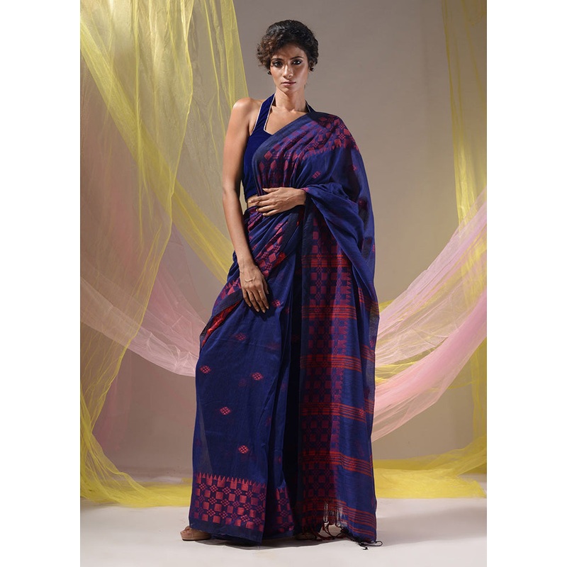 Blue Pure Cotton Saree With Blouse Piece - JD986589591