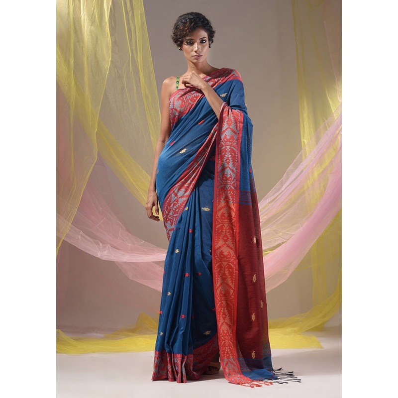 Blue Pure Cotton Saree With Blouse Piece - JD986589592
