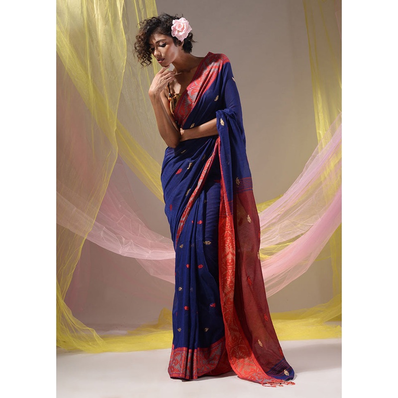 Blue Pure Cotton Saree With Blouse Piece - JD986589593