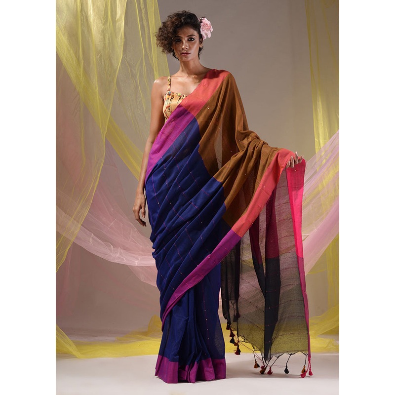 Blue Pure Cotton Saree With Blouse Piece - JD986589594