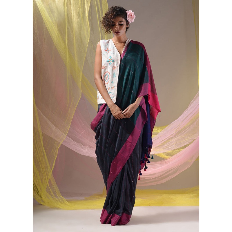 Blue Pure Cotton Saree With Blouse Piece - JD986589595