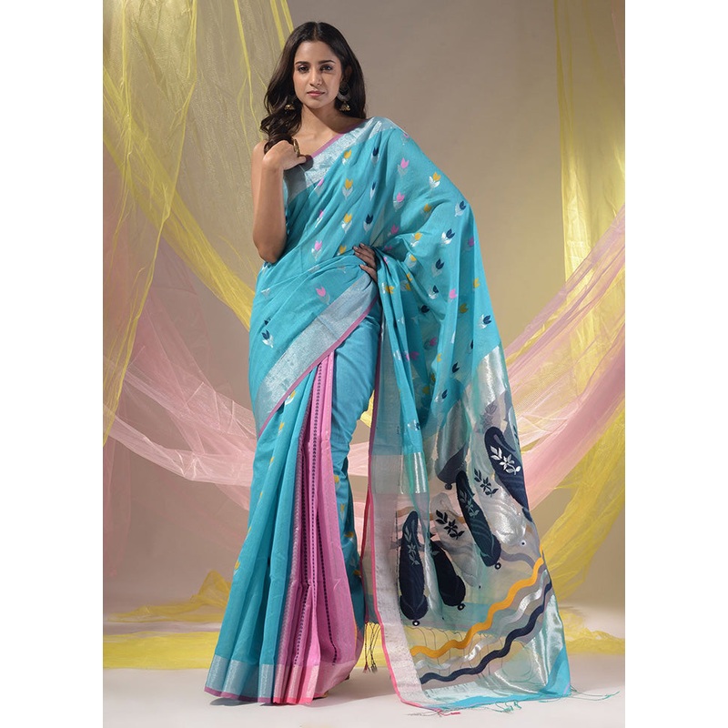 Blue Pure Cotton Saree With Blouse Piece - JD986589596
