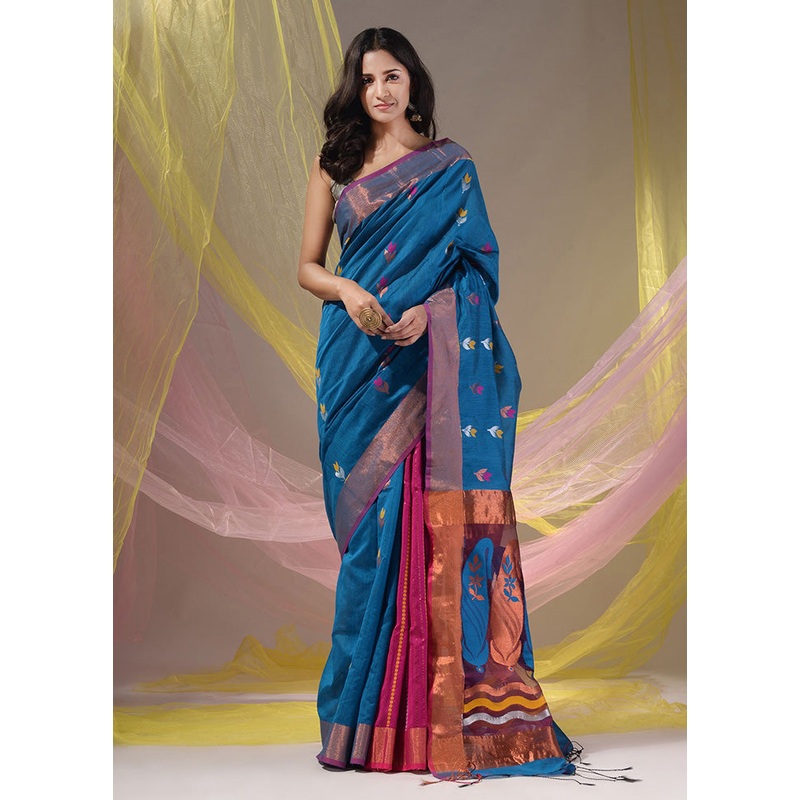Blue Pure Cotton Saree With Blouse Piece - JD986589597
