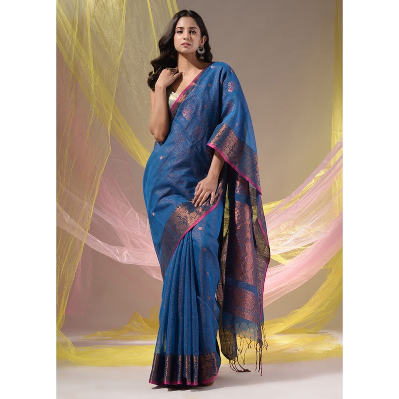 Blue Pure Cotton Saree With Blouse Piece - JD986589598