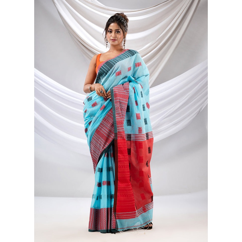 Blue Pure Cotton Saree With Blouse Piece - JD986589599