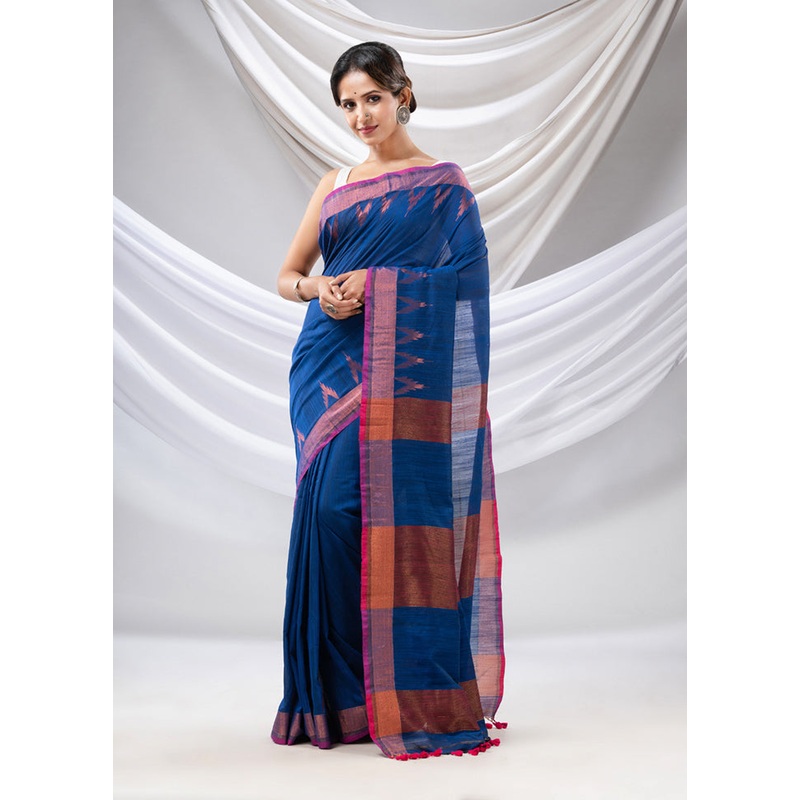 Blue Pure Cotton Saree With Blouse Piece - JD986589600