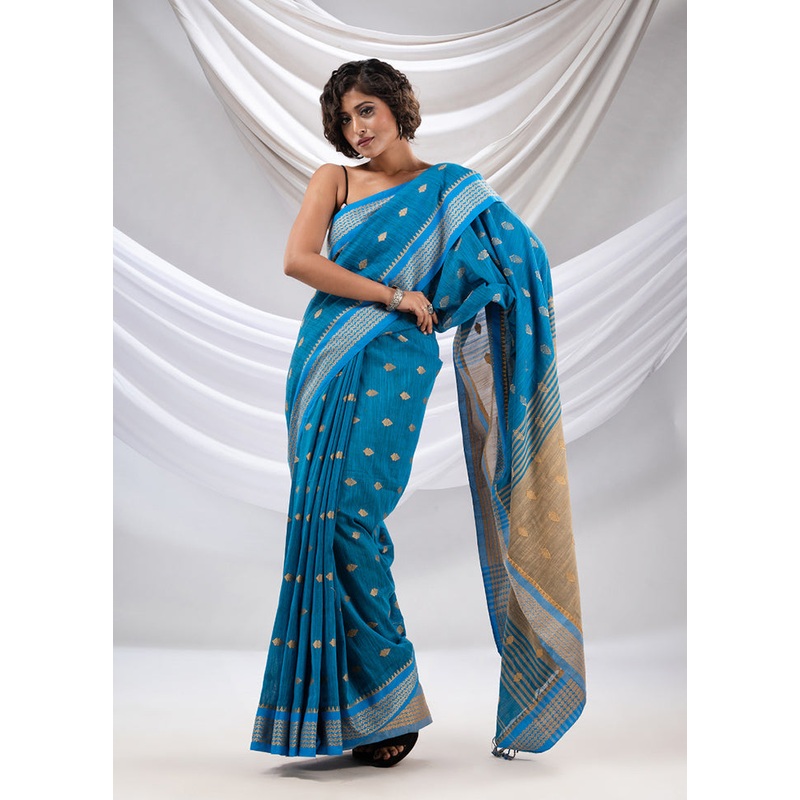 Blue Pure Cotton Saree With Blouse Piece - JD986589601