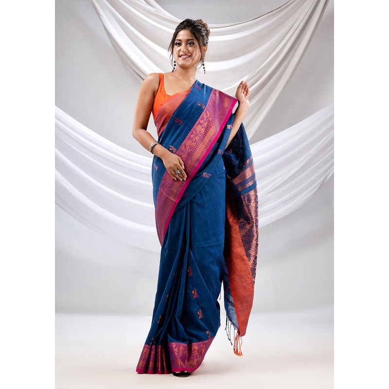 Blue Pure Cotton Saree With Blouse Piece - JD986589602