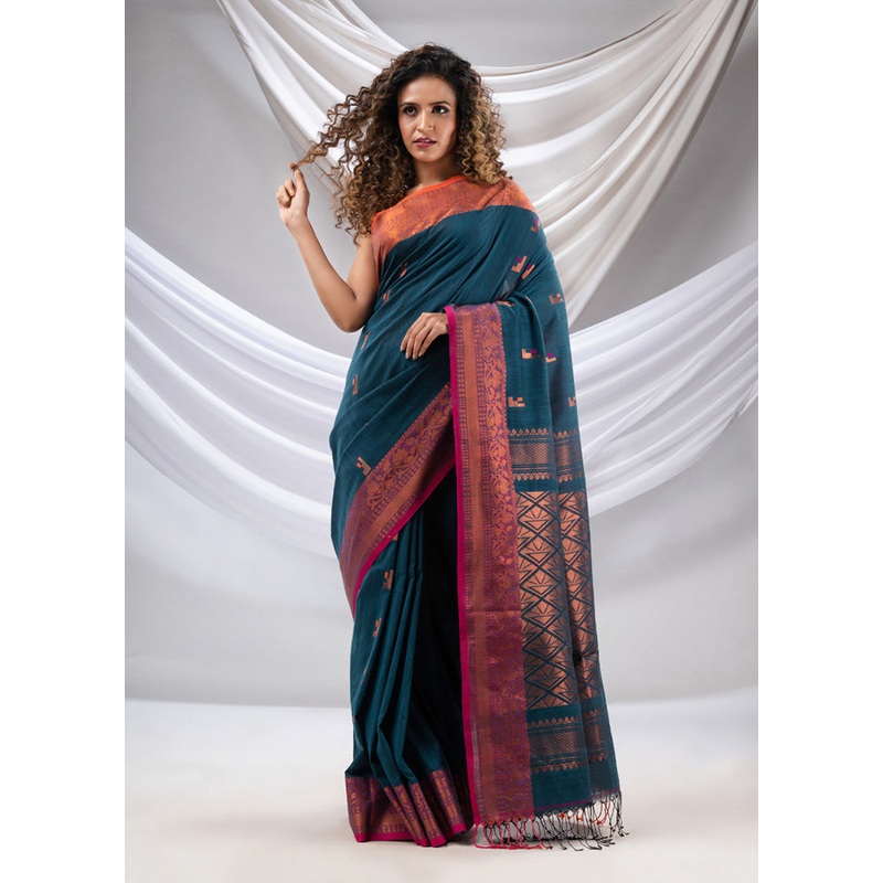 Blue Pure Cotton Saree With Blouse Piece - JD986589603