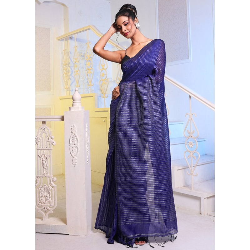 Blue Pure Cotton Saree With Blouse Piece - JD986589604