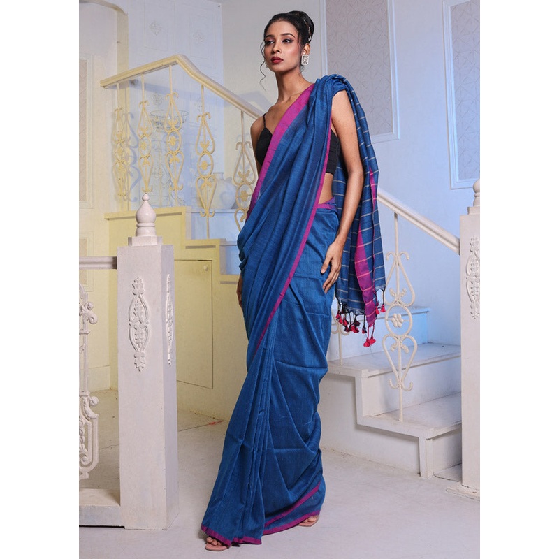 Blue Pure Cotton Saree With Blouse Piece - JD986589605