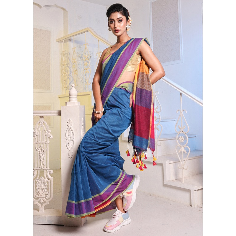 Blue Pure Cotton Saree With Blouse Piece - JD986589606