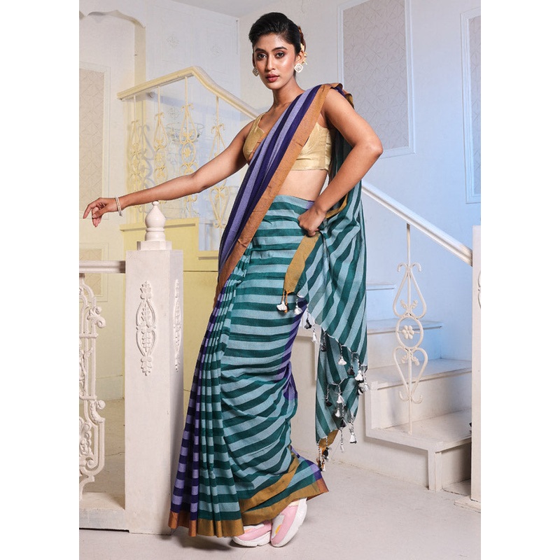 Blue Pure Cotton Saree With Blouse Piece - JD986589609