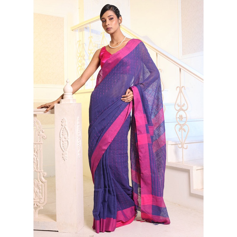 Blue Pure Cotton Saree With Blouse Piece - JD986589611