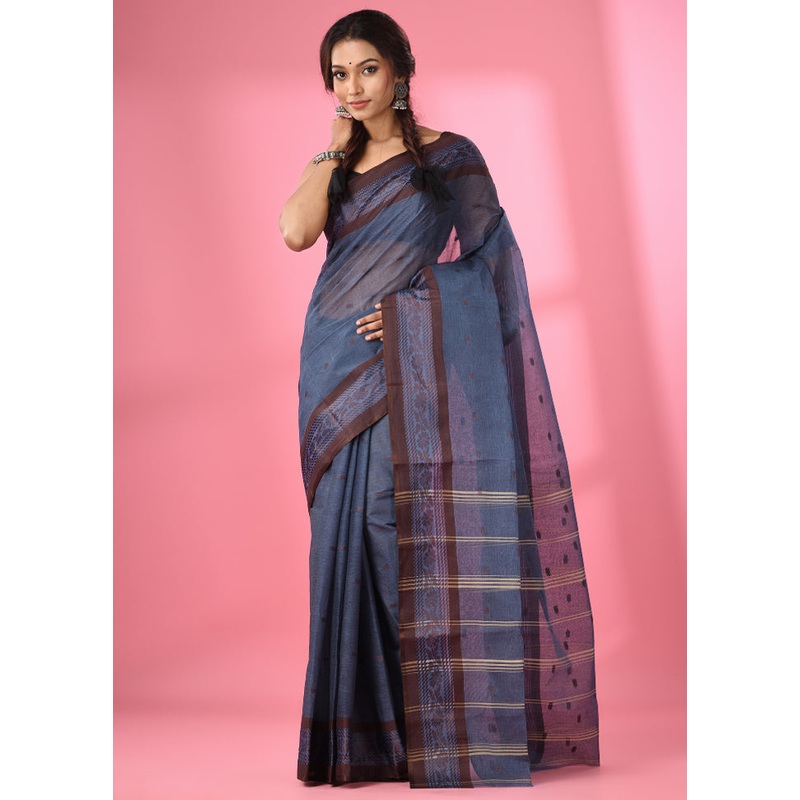 Blue Pure Cotton Saree With Blouse Piece - JD986589612
