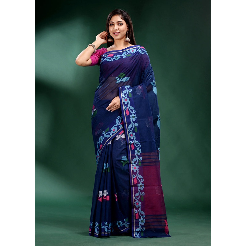 Blue Pure Cotton Saree With Blouse Piece - JD986589613