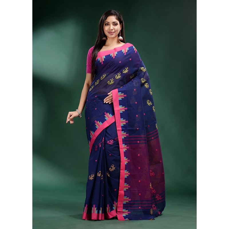 Blue Pure Cotton Saree With Blouse Piece - JD986589614