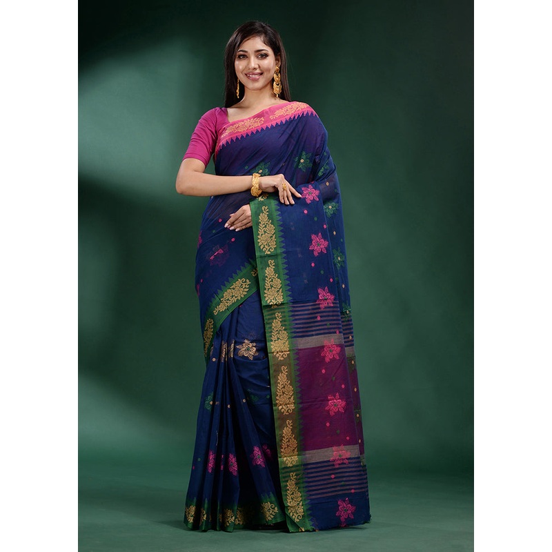 Blue Pure Cotton Saree With Blouse Piece - JD986589615