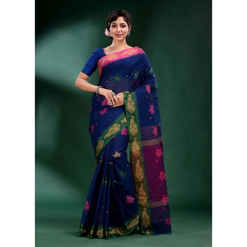 Blue Pure Cotton Saree With Blouse Piece - JD986589616