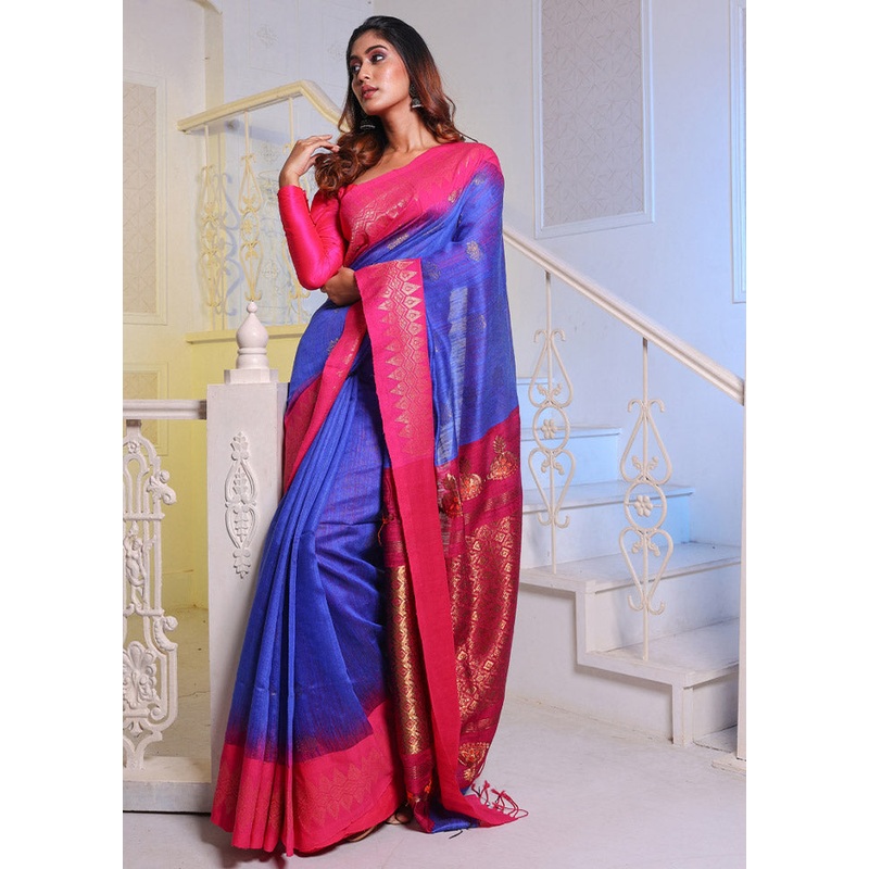 Blue Pure Spun Silk Saree With Blouse Piece - JD986589617