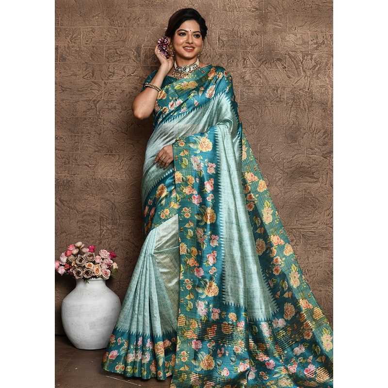 Green Dupion Silk Saree With Blouse Piece - JD986589520