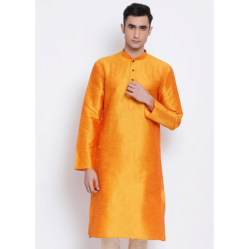 Mustard Yellow Solid Silk Kurta - JD986589670