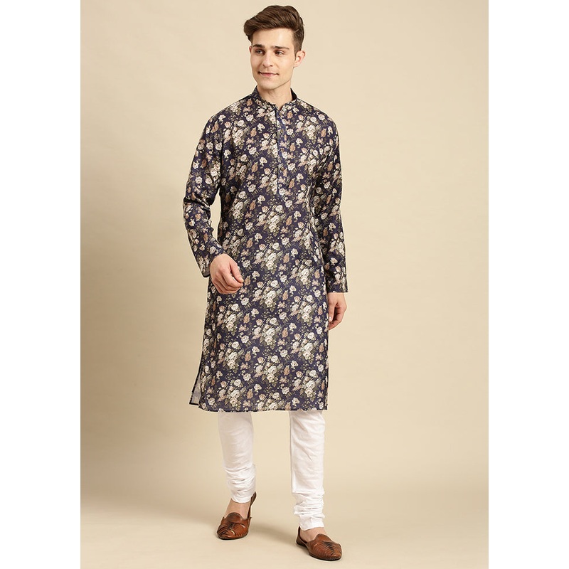 Navy Blue Printed Cotton Kurta - JD986589669
