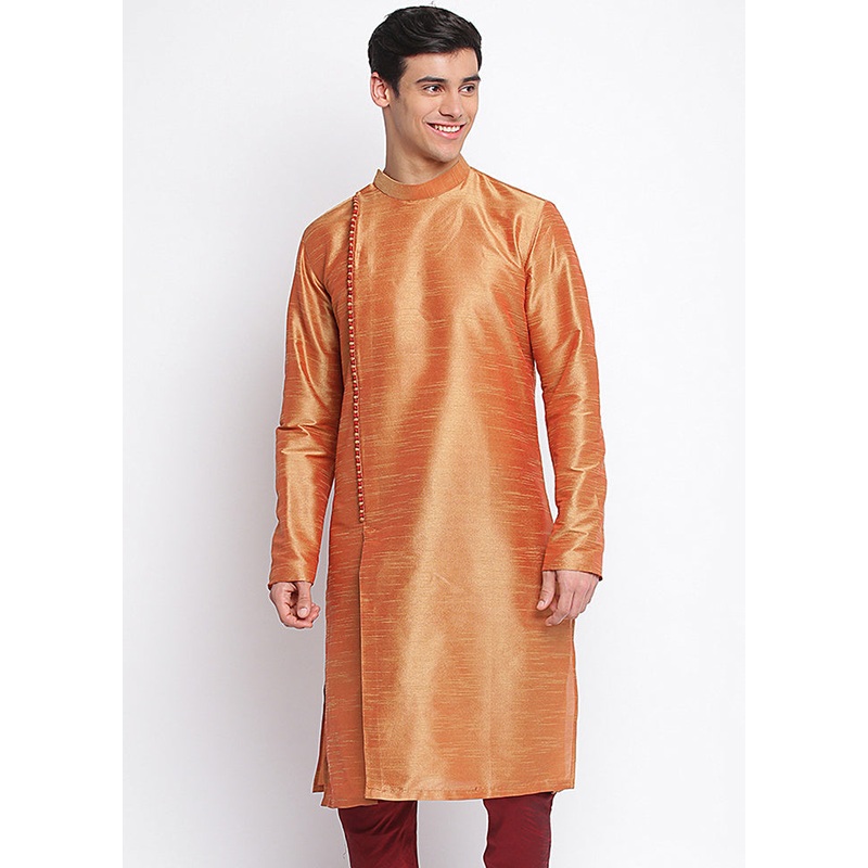 Orange Solid Silk Kurta - JD986589667