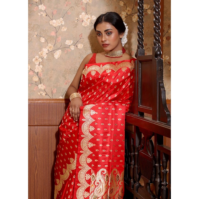 Red Pure Banarasi Silk Saree With Blouse Piece - JD986589677