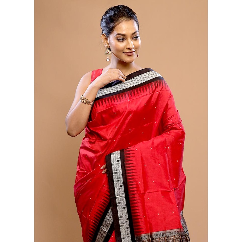Red Pure Bomkai Cotton Saree With Blouse Piece - JD986589675