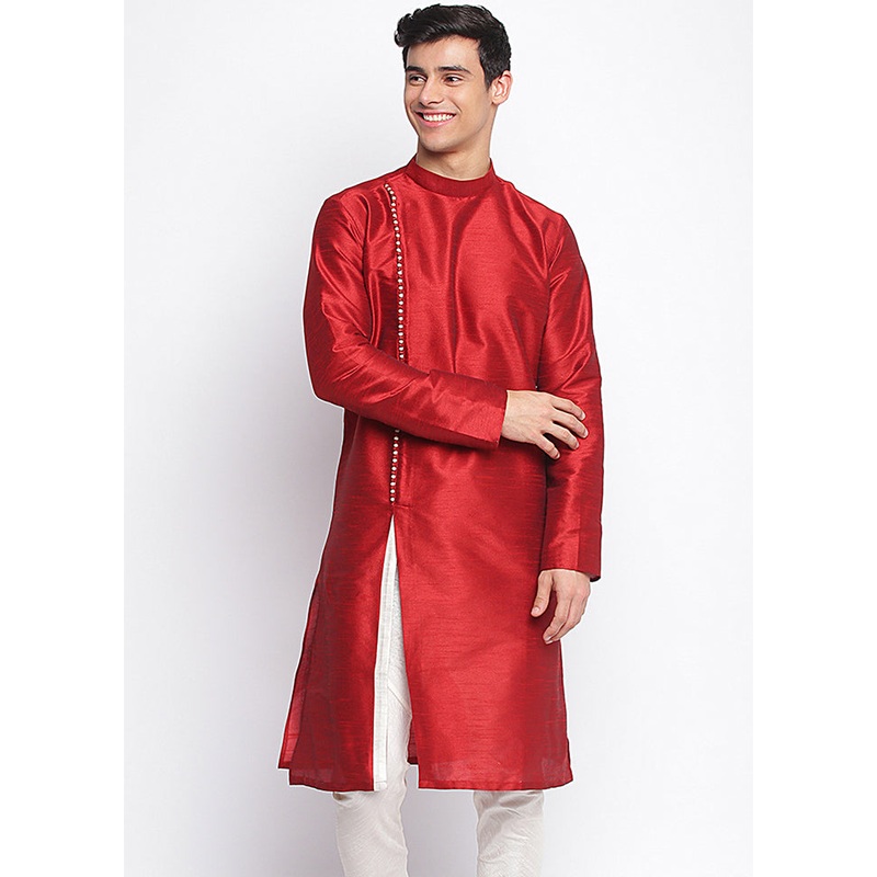 Red Solid Silk Kurta - JD986589662
