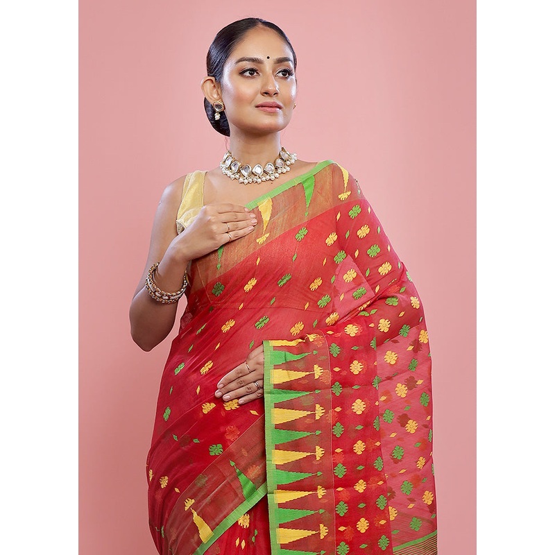 Red Tant Jamdani  Saree Without Blouse Piece - JD986589672