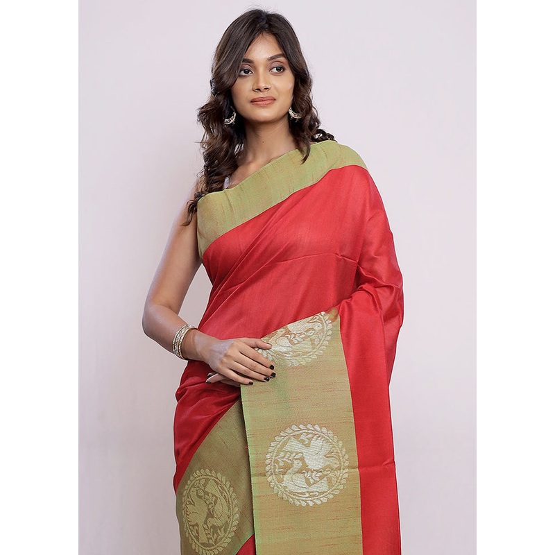 Red Tussar Silk Saree With Blouse Piece - JD986589671