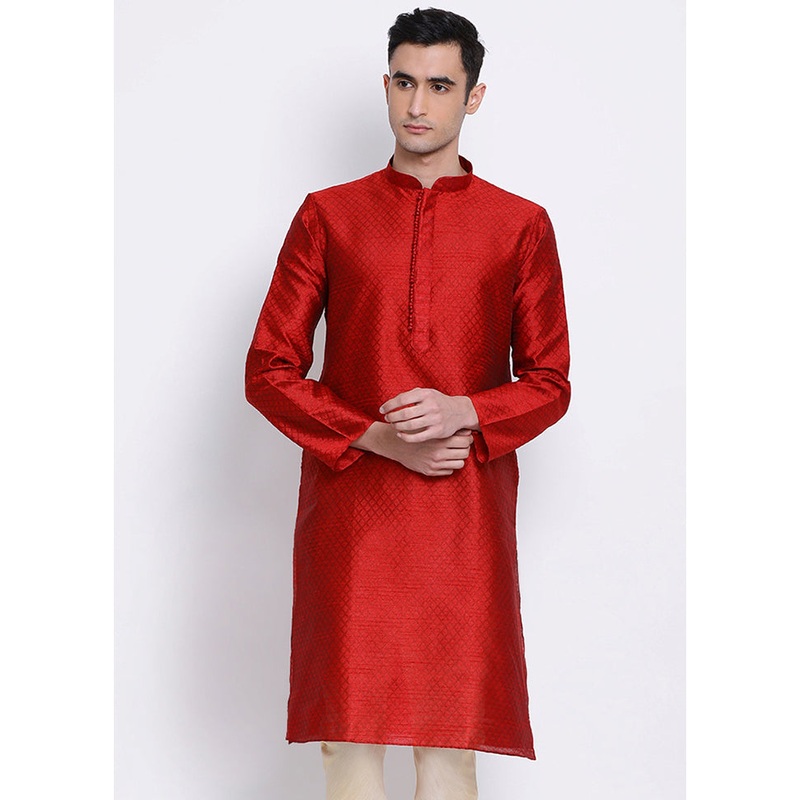 Red Woven Silk Kurta - JD986589661