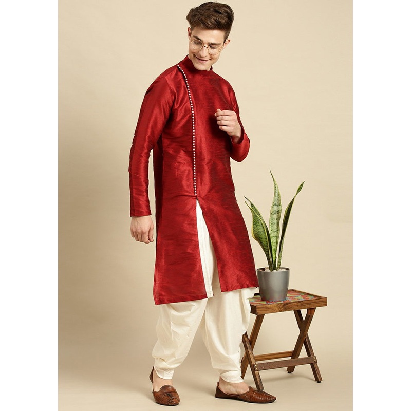 Red Woven Silk Solid Kurta - JD986589660