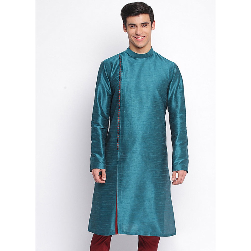 Sea Green Solid Silk Kurta - JD986589655