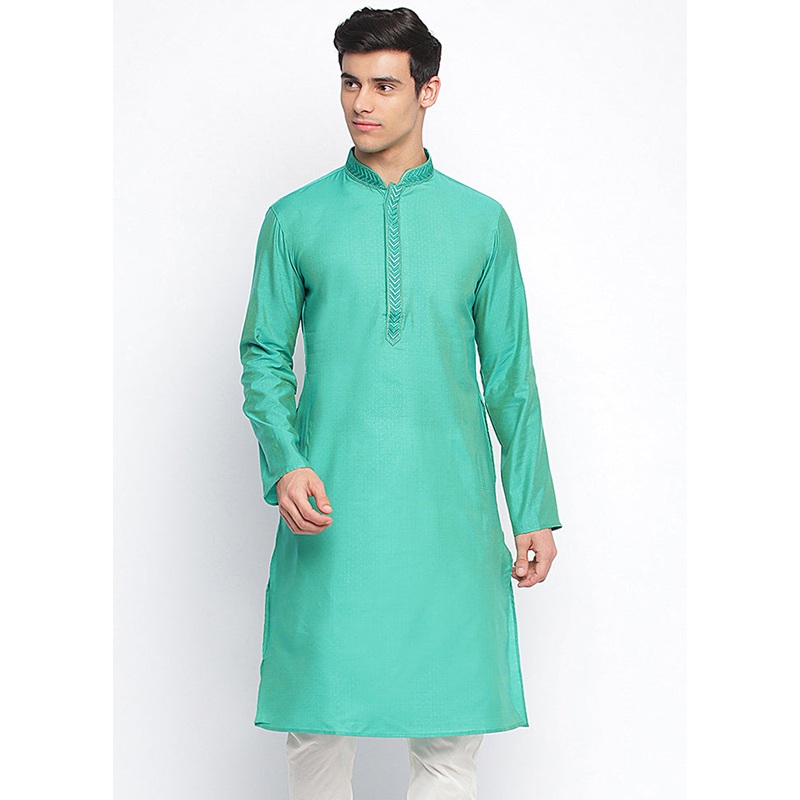 Sea Green Solid Silk Kurta - JD986589656