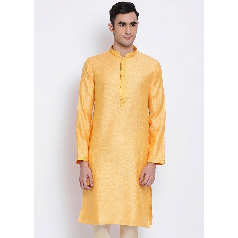 Yellow Woven Silk Kurta - JD986589641