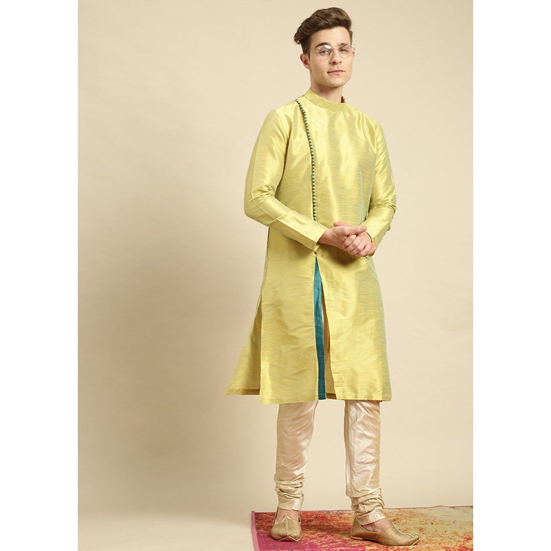 Yellow Woven Silk Solid Kurta - JD986589640