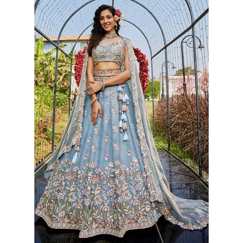 3 Pc Blue Net Semi Stitched Lehenga Set - JD986589373