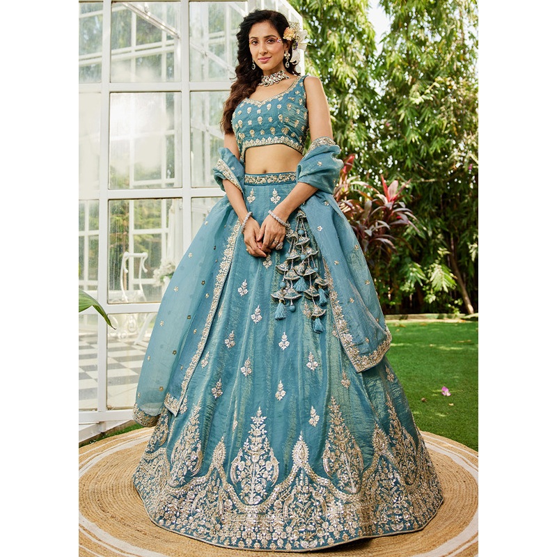 3 Pc Blue Silk Semi Stitched Lehenga Set - JD986589372