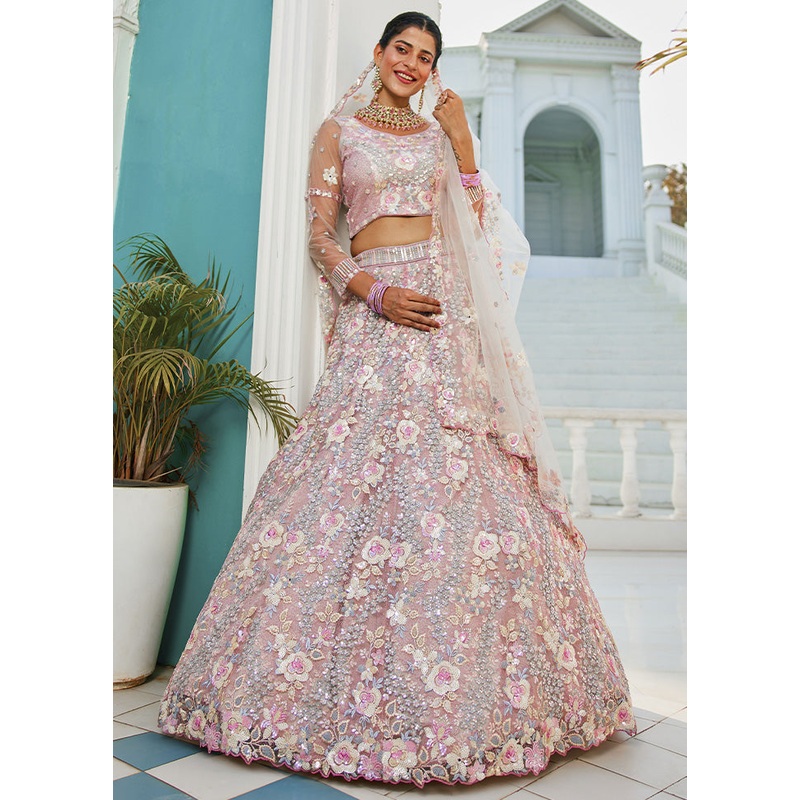 3 Pc Grey Silk Semi Stitched Lehenga Set - JD986589371