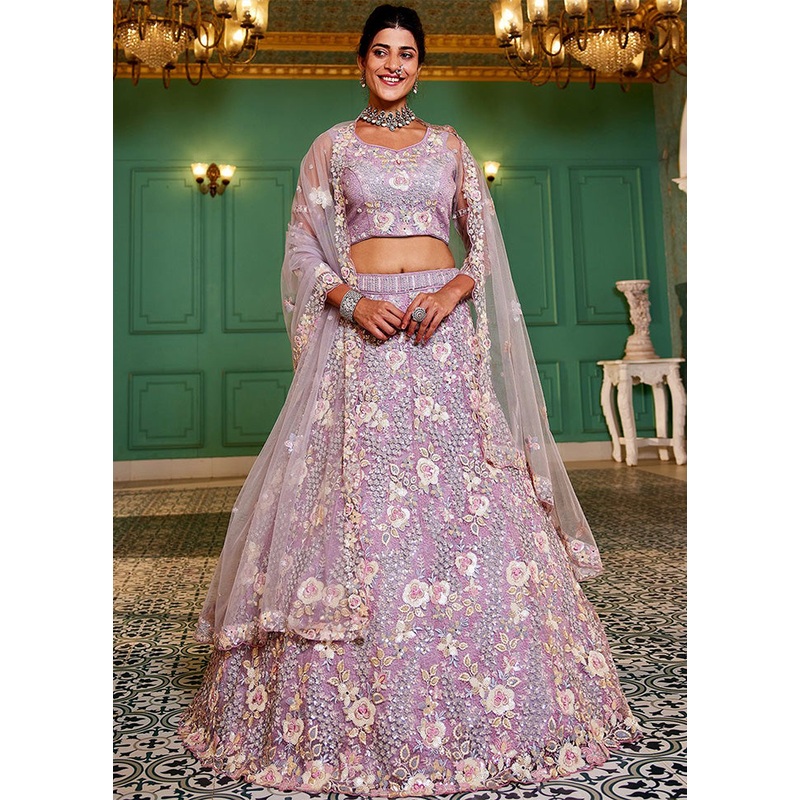 3 Pc Mauve Silk Semi Stitched Lehenga Set - JD986589370