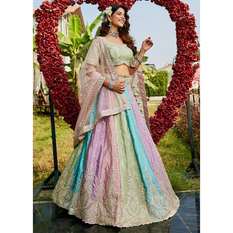 3 Pc Multicolor Silk Semi Stitched Lehenga Set - JD986589368