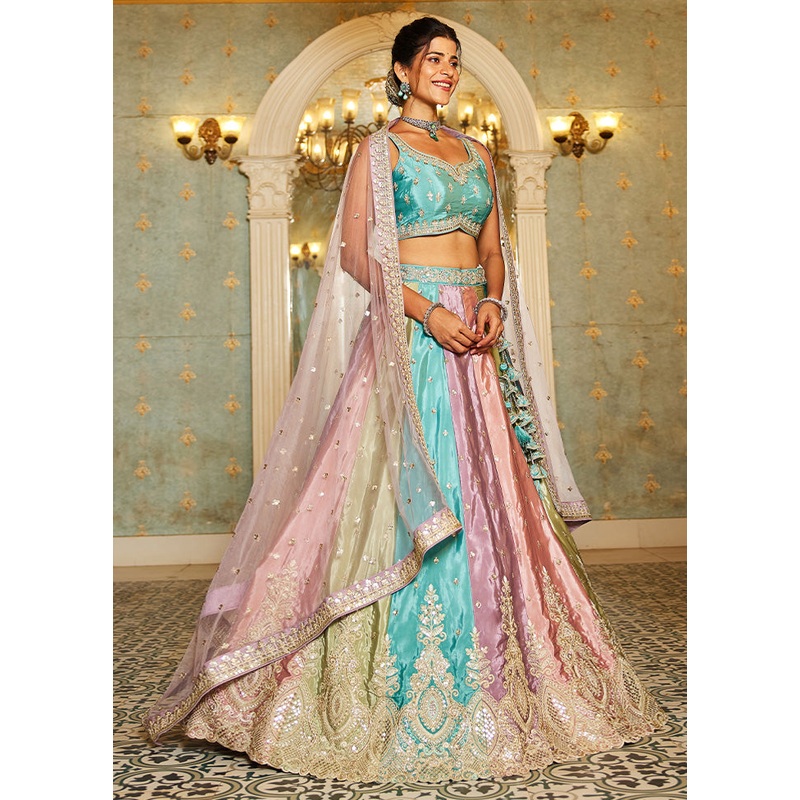 3 Pc Multicolor Silk Semi Stitched Lehenga Set - JD986589369