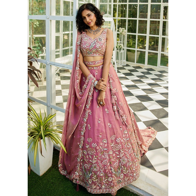 3 Pc Pink Net Semi Stitched Lehenga Set - JD986589367
