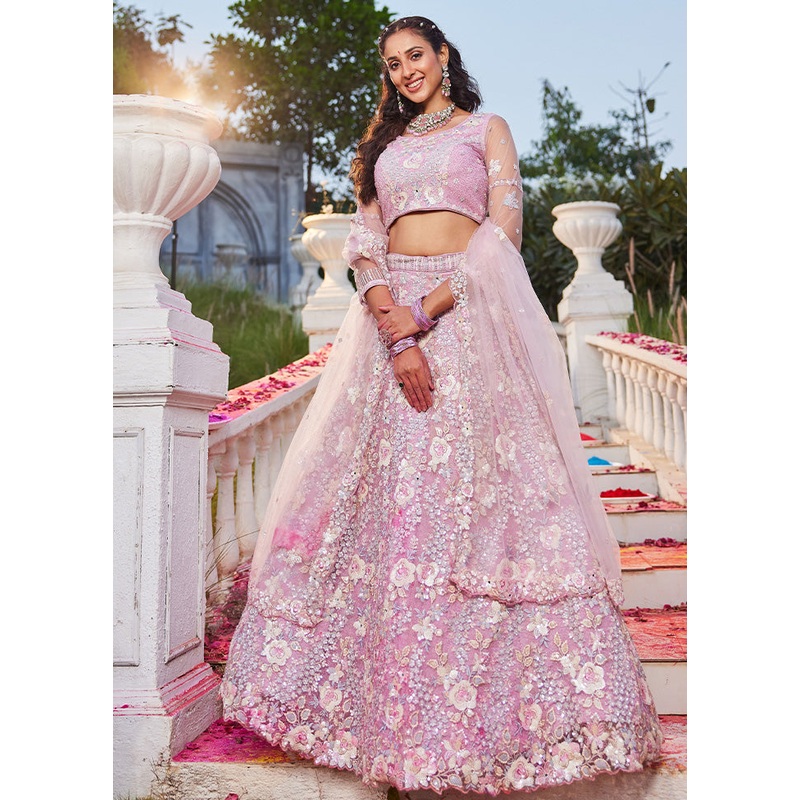 3 Pc Pink Silk Semi Stitched Lehenga Set - JD986589365