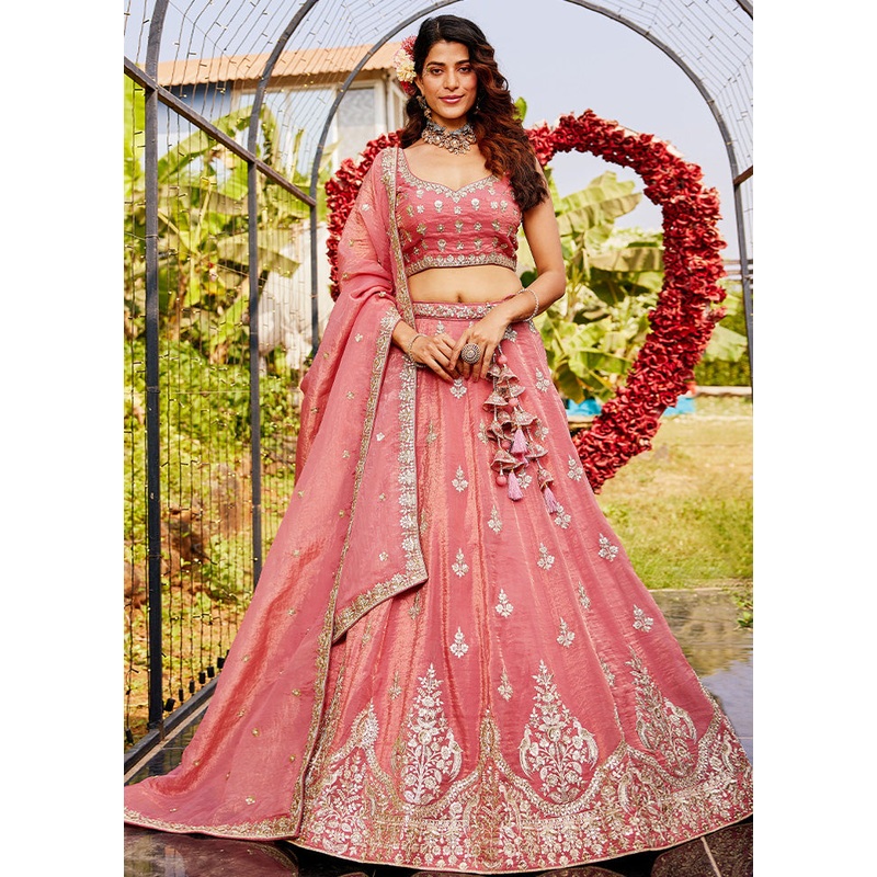 3 Pc Pink Silk Semi Stitched Lehenga Set - JD986589366