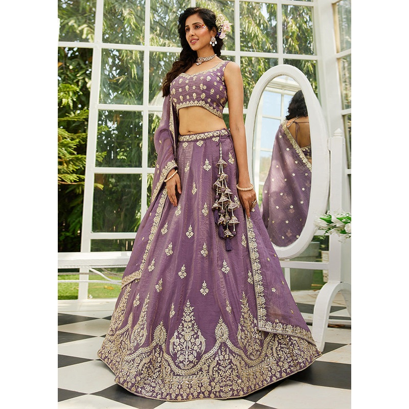 3 Pc Purple Silk Semi Stitched Lehenga Set - JD986589364