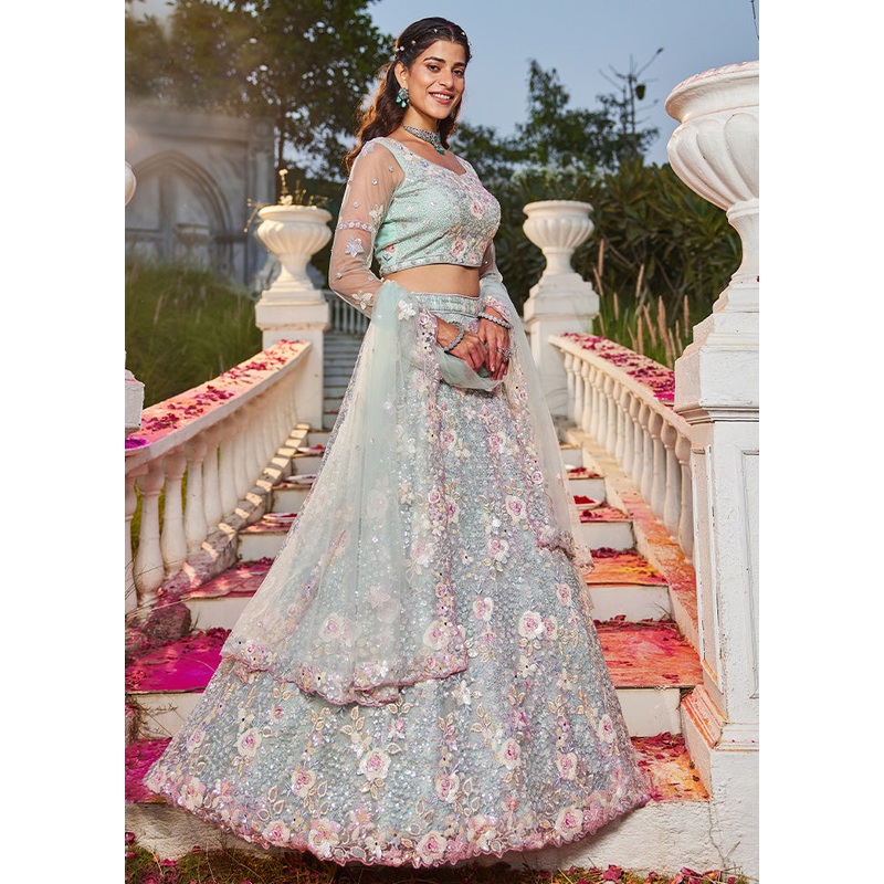 3 Pc Sea Green Net Semi Stitched Lehenga Set - JD986589363